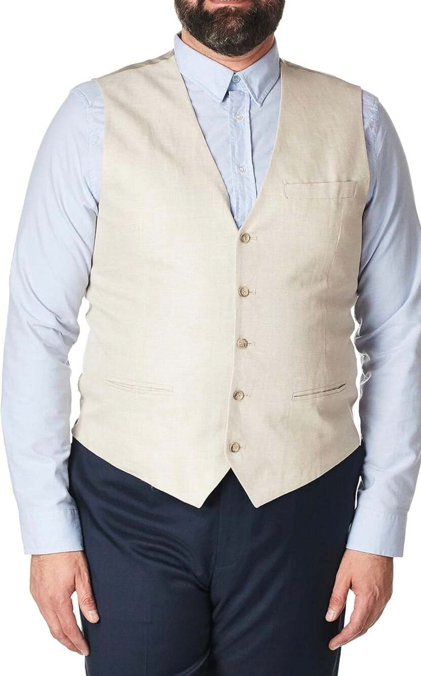 Perry Ellis Men's Linen Five Button Vest, Natural Linen, Size XXL